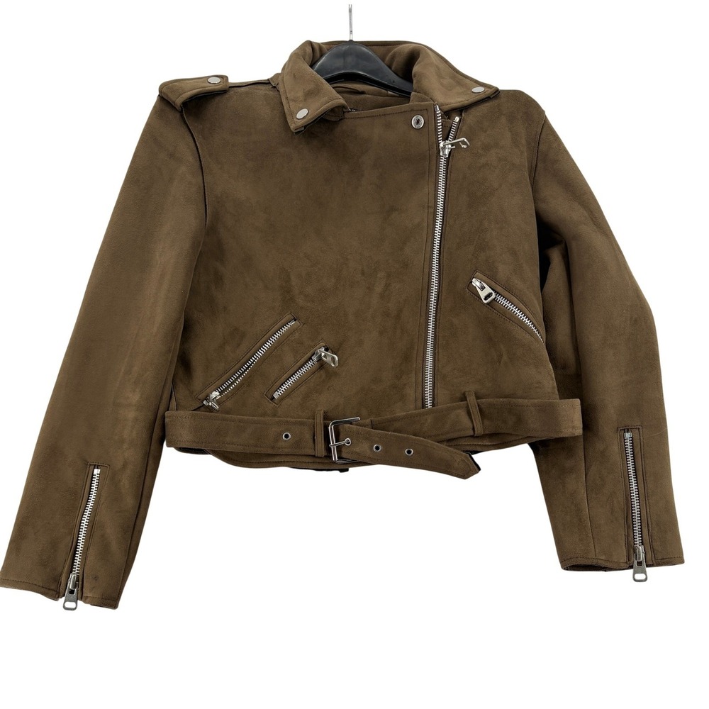 T Tahari Moto Jacket Brown Small Faux Suede Asymmetric Zip Belted Cropped